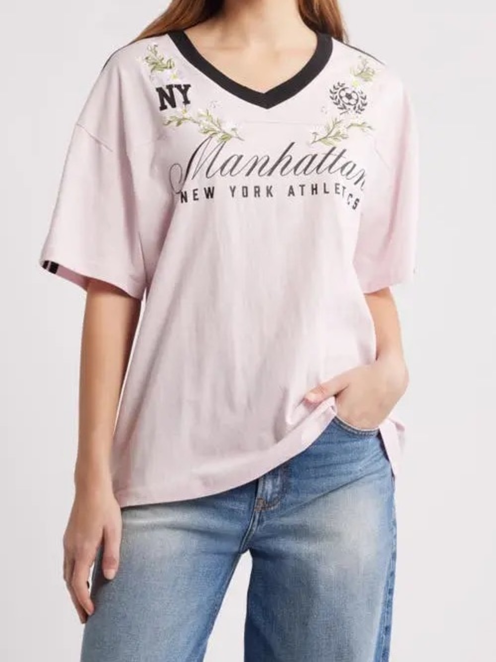 Golden Hour Manhattan Floral Embroidered V-Neck Tee - Light Pink with Black Trim